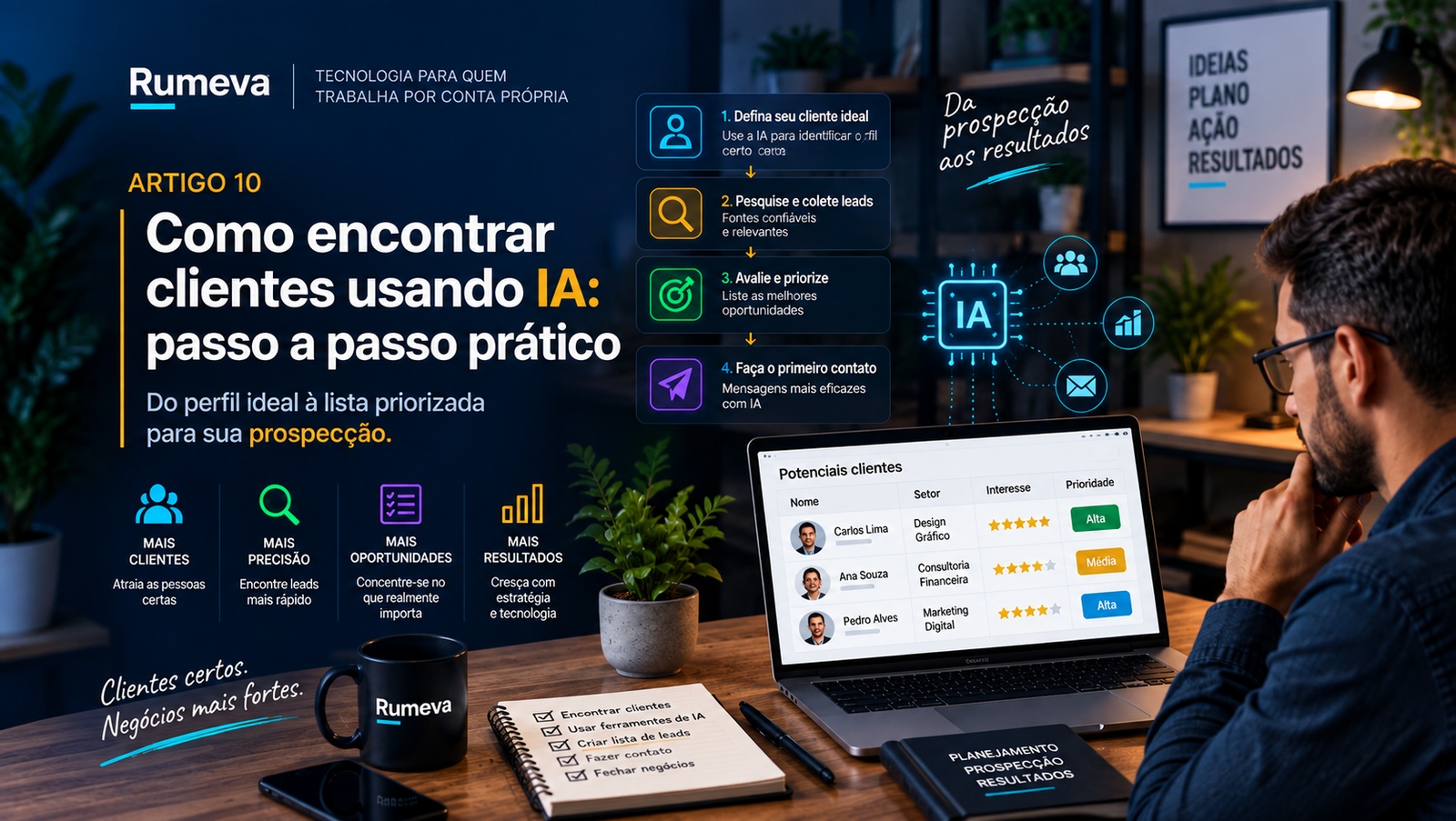 Profissional usando inteligência artificial para encontrar potenciais clientes e organizar a prospecção